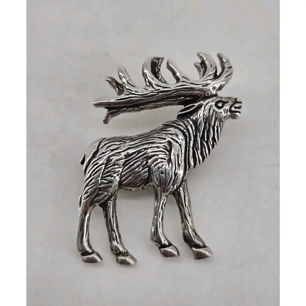 Vtg 70s Navajo Artisans GS Glen & Irene Sandoval Elk Sterling Silver Brooch Pin